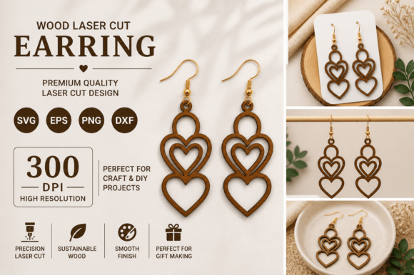 Stacked Triple Heart Wood Earrings: A Charming Design Asset